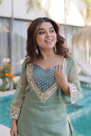 LW 9319 Sage Green Heavy Mirror Work Kurti Set