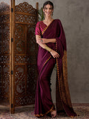 Designer Deep Wine Satin Silk Printed Saree