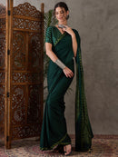 Designer Bottle Green Satin Silk Printed Saree