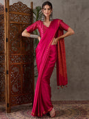 Designer Fuchsia Pink Satin Silk Printed Saree