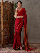 Designer Crimson Red Satin Silk Printed Saree