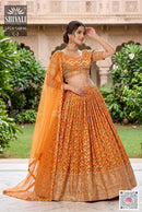 Shivali SRS9 58896 Orange Mustard Woven Silk Lehenga