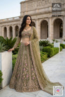 Shivali VSN9 58803 C2 Olive Green Heavy Embroidered Net Lehenga