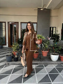 Coffee Brown Thread Embroidered Jacket Co Ord Set