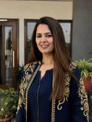 Navy Blue Gold Embroidered Jacket Co Ord Set