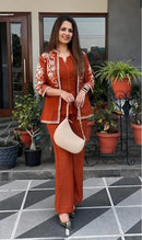 Rust Orange Embroidered Work Jacket Co Ord Set