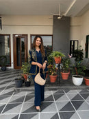Navy Blue Gold Embroidered Jacket Co Ord Set