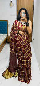 Bandhej Maroon Ajrakh Inspired Printed Saree