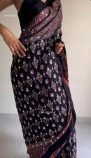Ajrakh Bandhej Pure Gajji Black Supar Mirror Work Saree