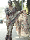Ajrakh Bandhej Pure Gajji Off White Supar Mirror Work Saree