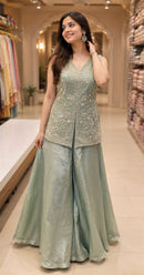 Pastel Green Floral Embroidered Work Indo Western
