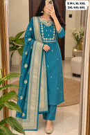 SG Premium Teal Blue Embroidered Roman Silk Suit