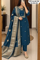 SG Designer Navy Blue Embroidered Roman Silk Suit