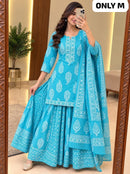 SG Premium Sky Blue Printed Kurti Sharara Suit