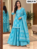 SG Premium Sky Blue Printed Kurti Sharara Suit