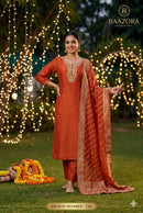 Baazora 736 Premium Rust Orange Silk Embroidered Suit