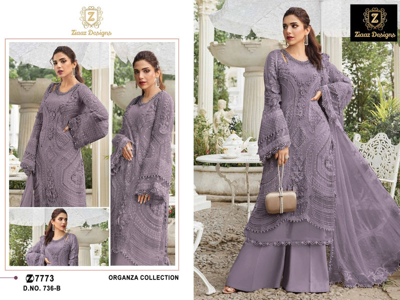 Ziaaz Designs 736 B Organza Handwork Moti Work Semi Stitched Outfit With Moti Lace Pakistani Suits