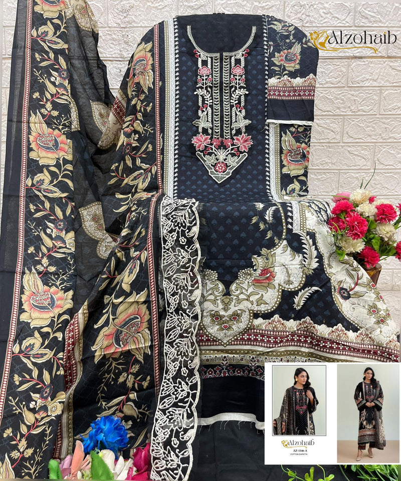Al Zohaib 1346 A Black Print Lawn Suit With Heavy Embroidered Neckline
