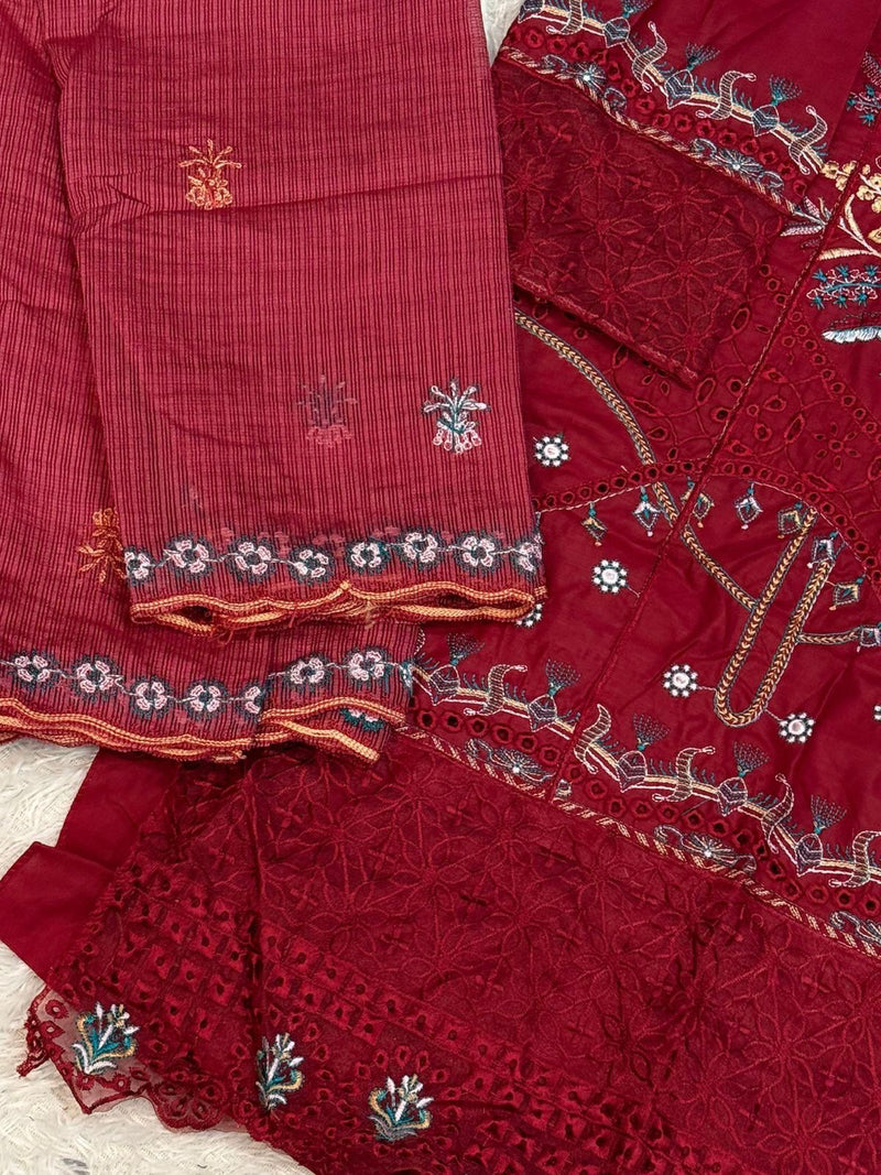 Mehboob Tex 1750 Rich Maroon Lawn Embroidered Unstitched Suit