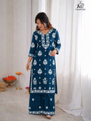 INLI Chikankari Premium Rayon Fancy Thread Work Kurti Set