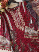 Luxury Maroon Lawn Cotton Embroidered Unstitched Salwar Suit