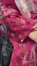 Premium Pink Pakistani Embroidered Muslin Suit with Printed Dupatta