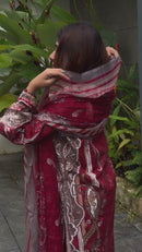 Luxury Maroon Lawn Cotton Embroidered Unstitched Salwar Suit