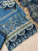 Luxury Blue Embroidered Pakistani Suit Set with Chiffon Dupatta