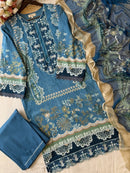 Luxury Blue Embroidered Pakistani Suit Set with Chiffon Dupatta