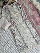 Premium White Pakistani Embroidered Cotton Suit with Printed Dupatta